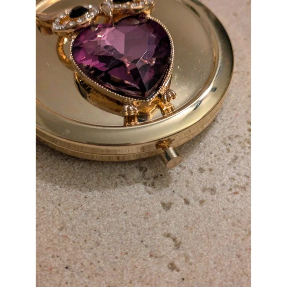 Gold Tone Mirror Compact With Owl  & Rhinestones Purple Cabachon Glossy